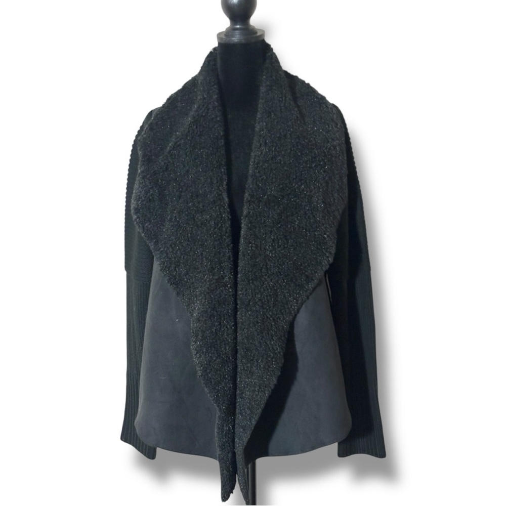 Grace Elements Chic Black Long Sleeve Faux Fur Lapel/Collar Asymmetric Cardigan
